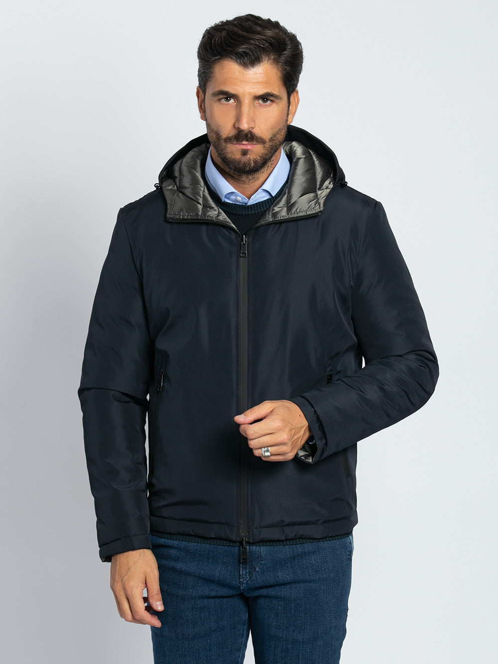 Caban double face in tessuto accoppiato con cappuccio