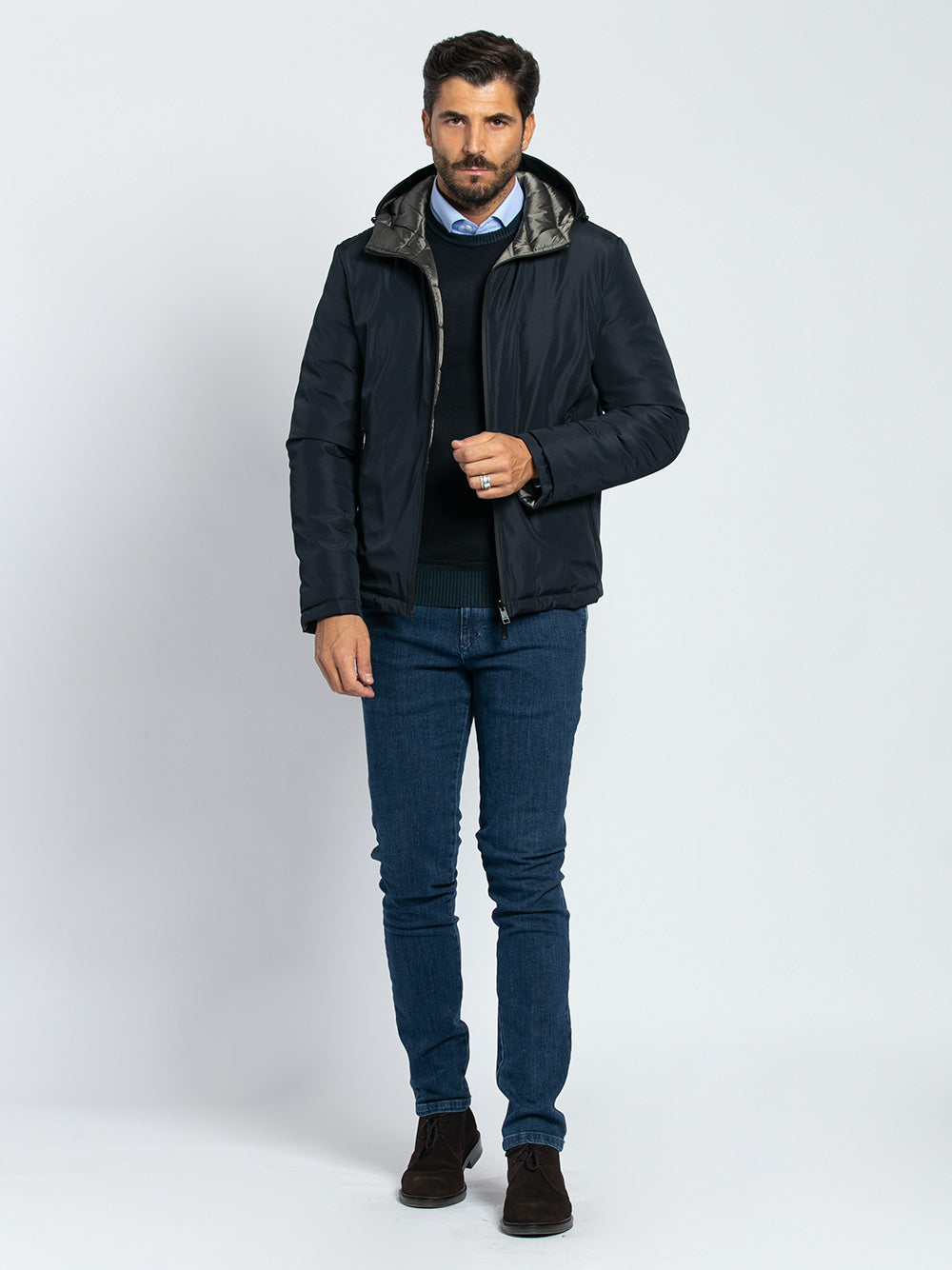Caban double face in tessuto accoppiato con cappuccio