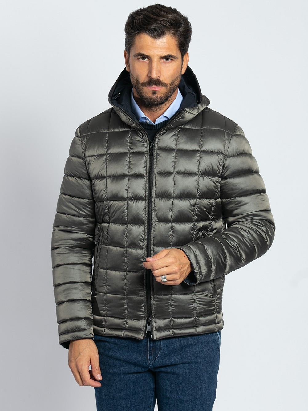Caban double face in tessuto accoppiato con cappuccio